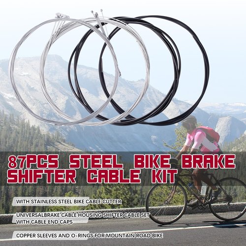 87Pcs Steel Bike Brake Shifter Cable Kit with Stainless Steel Bike Cable Cutter,UniversalBrake Cable Housing Shifter Cable Set with Cable End Caps,Copper Sleeves and O-Rings for Mountain Road Bike