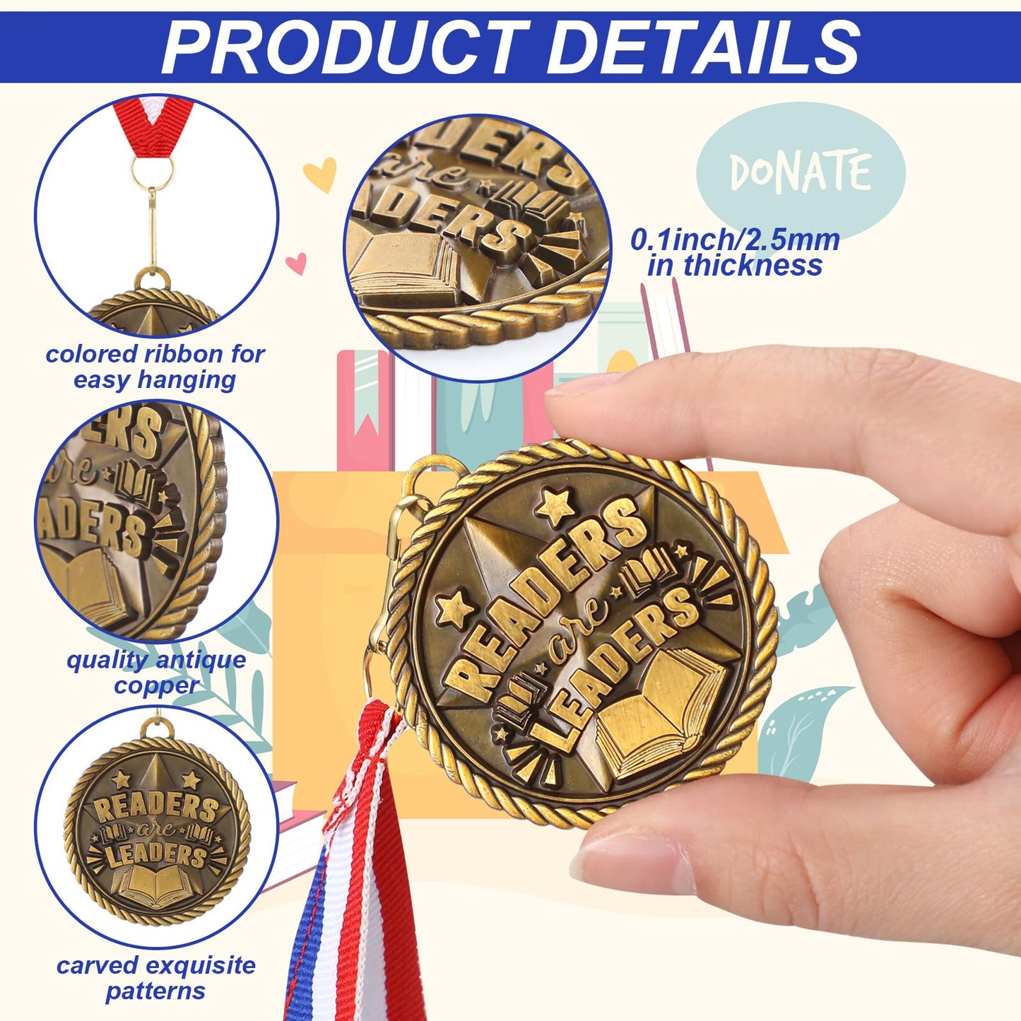 Loetere 30 Pcs Gold Award Medals Bulk 2 Inch Readers are Leaders Award Reading Medals Trophy Gift Prizes with Neck Ribbons for Scholastic Competitions Book Lovers