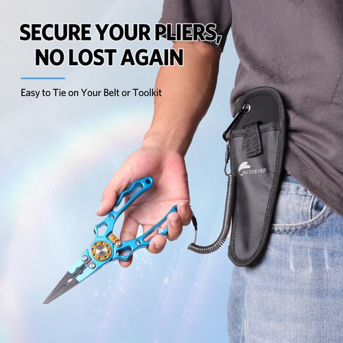 Hathever Fishing Pliers Saltwater, Split Ring Pliers Hook Remover with Safety Lock, Fishing Tools with Sheath and Lanyard, Fishing Gifts for Men