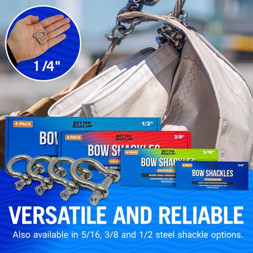 Premium Stainless Steel D-Ring Shackles, Marine Grade, 4-Pack, 1/4" Mini Bow or Clevis Anchor Shackle for Boat, Sailboat, Chain, Rigging Clasp