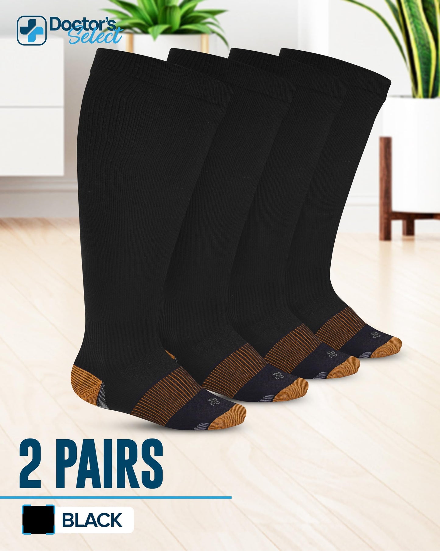 Doctor's Select® Copper Plus Size Compression Socks Wide Calf - 2 Pairs | 20-30mmHg Extra Wide Calf Compression Socks Women Copper for Swelling, Varicose Veins | Black