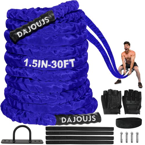 Battle Ropes for Home Gym 1.5Inch Diameter 30FT Lengths Workout Heavy Battle Ropes for Exercise Training Weighted Ropes, Working Out Exercise Equipment with Protective Cove - Blue