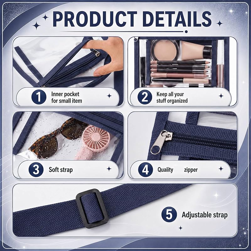 Dark Blue 20-Pack Clear Stadium Crossbody Bags with Nylon Strap