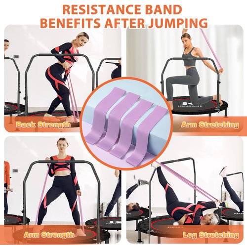 K KENSONE 40??Mini Trampoline for Adults with Purple Resistance Band, Fitness Rebounder for Indoor Workout with Adjustable Foam Handle, Small Home Exercise Equipment, Max Load 330lbs