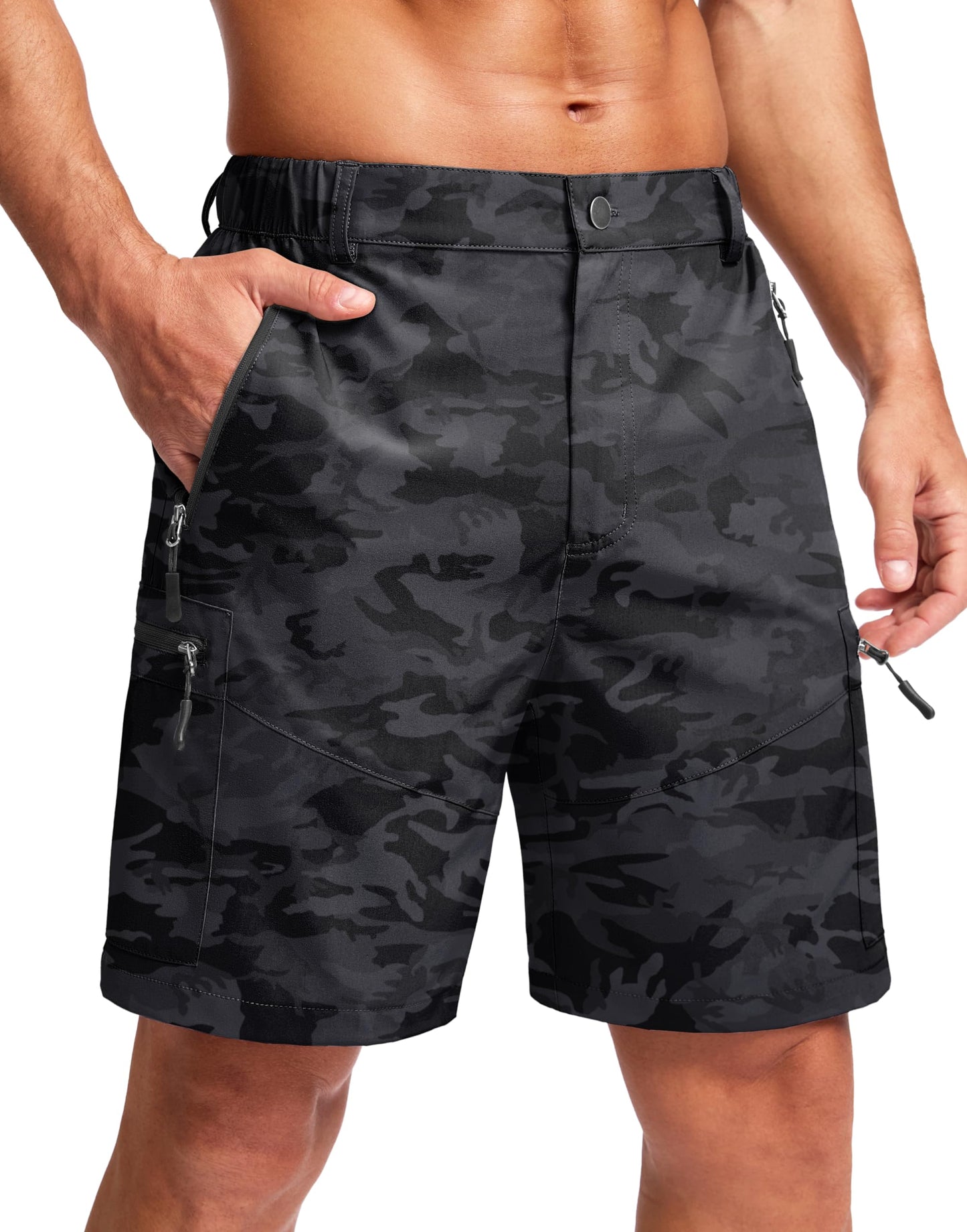 Pudolla Men's Hiking Cargo Shorts Lightweight 7" Travel Casual Shorts for Men Golf Work Outdoor with 5 Zipper Pockets(Black Camo X-Large)