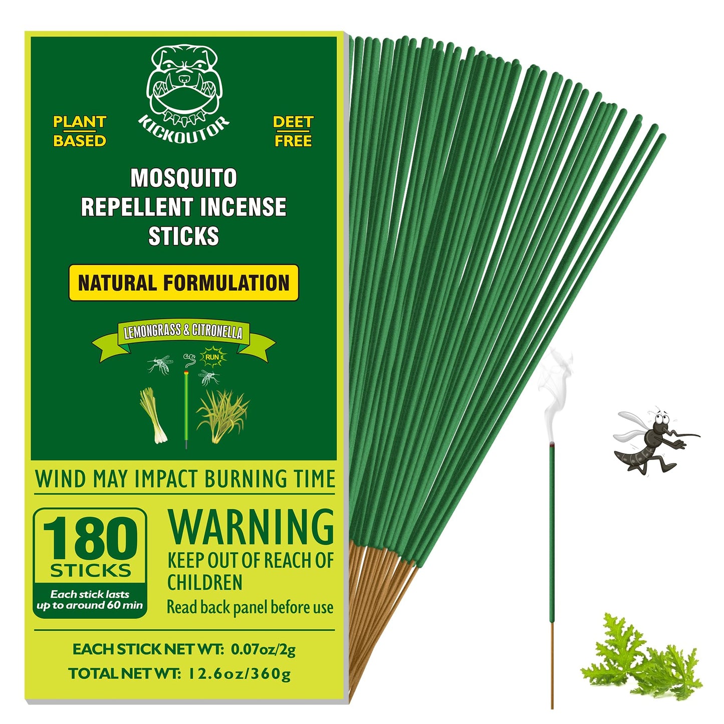 KICKOUTOR Mosquito Repellent Incense Sticks with Natural Citronella Oil, 180 Count DEET-Free Outdoor Protection for Patios, Backyard Gatherings & Camping, Up to 1 Hour Against Gnats & No-See-Ums