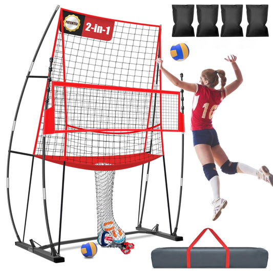 JOLORLY 2-in-1 Volleyball Practice Net Station with Patented 5-Height (6'6'' to 8'), Heavy Duty Training System for Hitting Spiking Serving, Backyard Indoor Outdoor Trainer Equipment (8x11 ft Red)