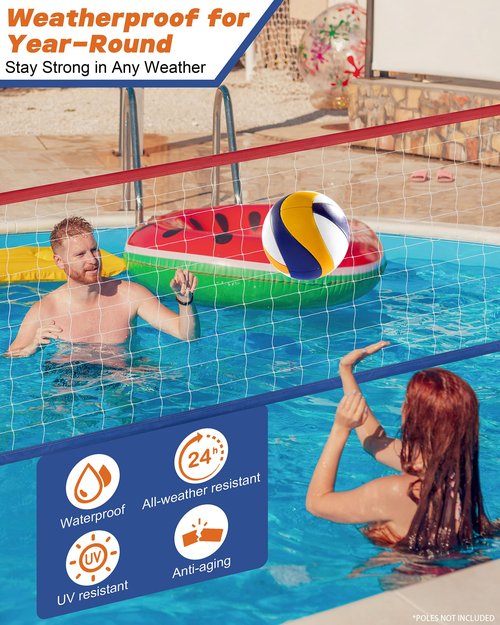 XXXYYY Upgraded Swimming Pool Volleyball Net Replacement, Lengthened 15FT-28FT Adjustable, Upgraded Weather Resistance with Waterproof, Thicker Borders and Nylon Straps-15x3FT, Red Blue(Net Only)