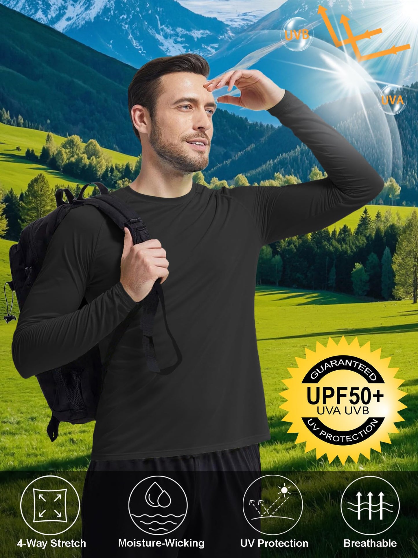 PLUMZJOY Mens UPF 50+ UV Sun Protection Shirts Outdoor Long Sleeve SPF Diving Rash Guard for Fishing Hiking Running Swim Black L