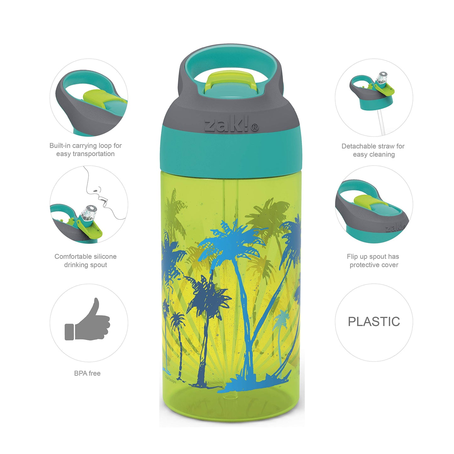 Zak Designs 16oz Riverside Beach Life Kids Water Bottle with Straw and Built in Carrying Loop Made of Durable Plastic, Leak-Proof Design for Travel, 2PK Set