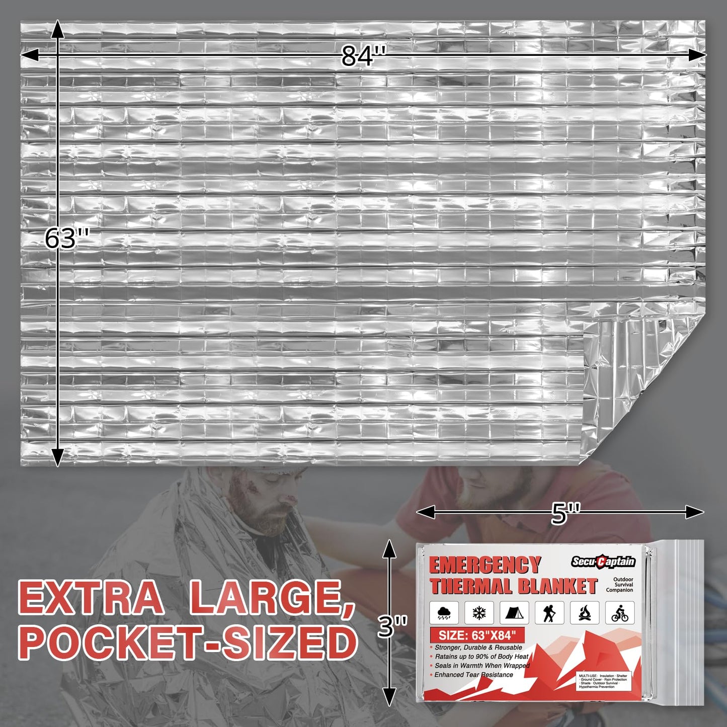 SecuCaptain Survival Emergency Thermal Blankets: 4/10/25/30/50/75/100 PCS Extra Large 84” x63” Space Mylar Blanket Kit for Outdoor Cold Winter Camping Hiking Car Bug Out Bag or First Aid