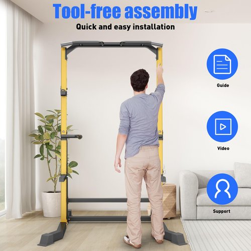 BestHFit Power Cage Squat Rack – Heavy Duty 1000LB Capacity Home Gym System with Adjustable Pull-Up Bar, Safety Spotter Arms & J-Hooks for Weight Lifting, Bench Press, Crossfit – Yellow