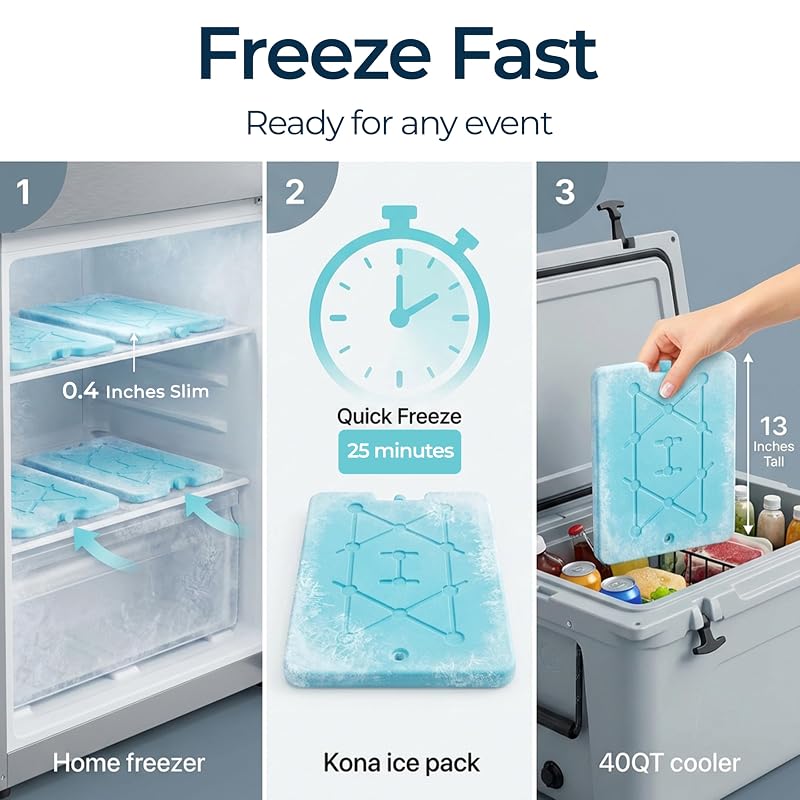 Kona XXL Ice Packs 4-Pack 13x10in - Reusable Slim Freezer Packs, Fast Freeze (-5°C)