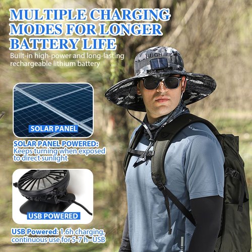 Solar Fan Hat,Wide Brim Solar Fan Outdoor Fishing Hat,Men Sun Hat with 2 Solar Fan Fishing Hats,3 Speed Adjustable Fans Hats (US, Alpha, One Size, Black and White)