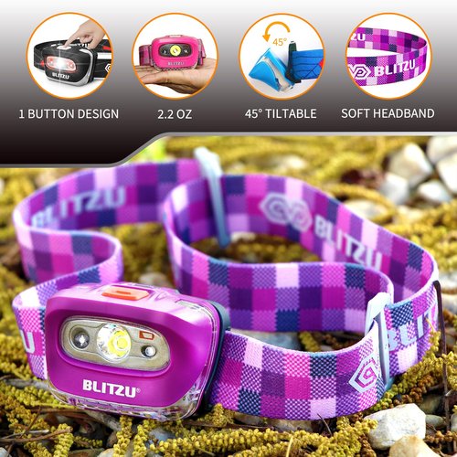 LED Headlamp Flashlight for Adults & Kids, Lightweight, Waterproof Head Lamp with White & Red Light, Comfortable Headband, Perfect for Running, Camping, Hiking, 3 AAA Batteries Included, Purple