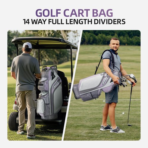 Max Lightweight Golf Cart Bag with Dual Handles and 14 Way Individual Full Length Dividers, Golf Club Bag with 11 Pockets, Large Putter Well, Double Strap Cooler for Men & Women (Mix/Grey/Purple)