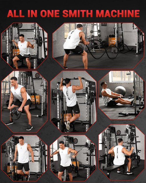 GarveeLife Smith Machine Home Gym All in One, 2200LBS Squat Rack Power Cage with Smith Bar, LAT Pull-Down, Cable Systems, Leg Hold-Down and More Attachments, Workout Equipment (Black)