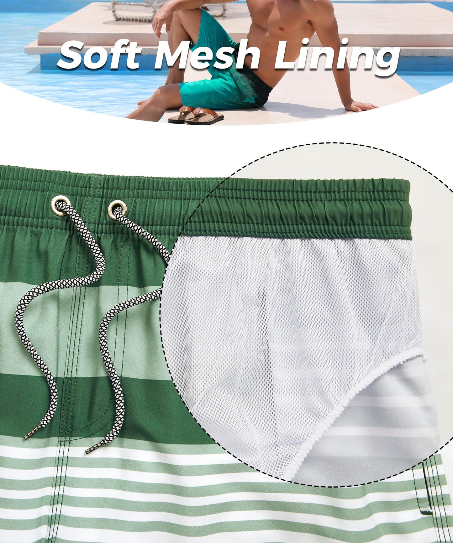 ELETOP Men's Swim Trunks Quick Dry Bathing Suit Swimming Board Shorts Mesh Lining Beach Swimwear Stripe Green White M