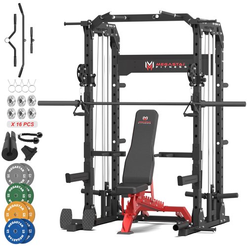 MEGASTAR Power Cage Home Gym Package with Aluminum Pulley Set– 2000LB Capacity Multifunction Squat Rack with Cable Crossover, Includes 16 Training Attachments for Strength Training, P63 Rampage