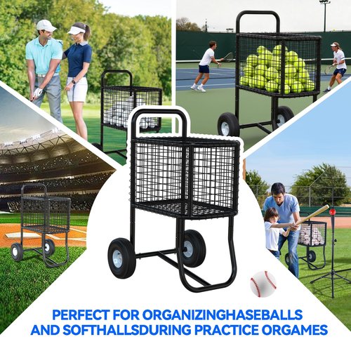 GARVIN Black Baseball & Softball Cart with Wheels – Heavy-Duty Powder-Coated Steel Frame, Holds 300+ Baseballs or 150 Softballs, 10.5" All-Terrain Wheels, Ball Transport Cart for Field & Training