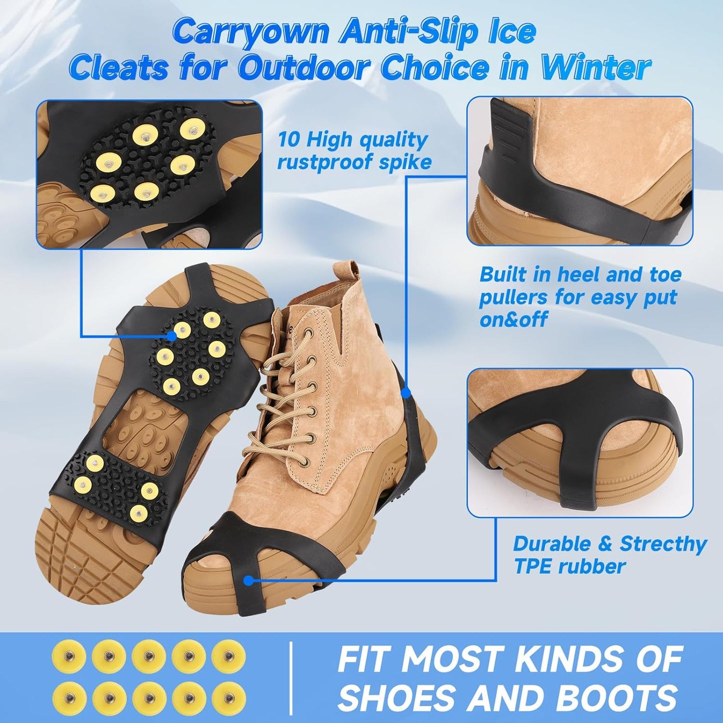 Ice Cleats for Boots Shoes, Ice Shoe Grips Anti Slip for Men Women, Rubber Snow Cleats, Spikes Crampons for Hiking Boots and Shoes + 10 Extra Replacement Studs (S, M, L, XL)