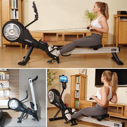 Rowing Machine for Home JOROTO Air Magnetic Rowing Machines for Home Foldable with 49.5" Rail, Backlit Monitor, Bluetooth, App Supported, Tablet Holder Rower Machine