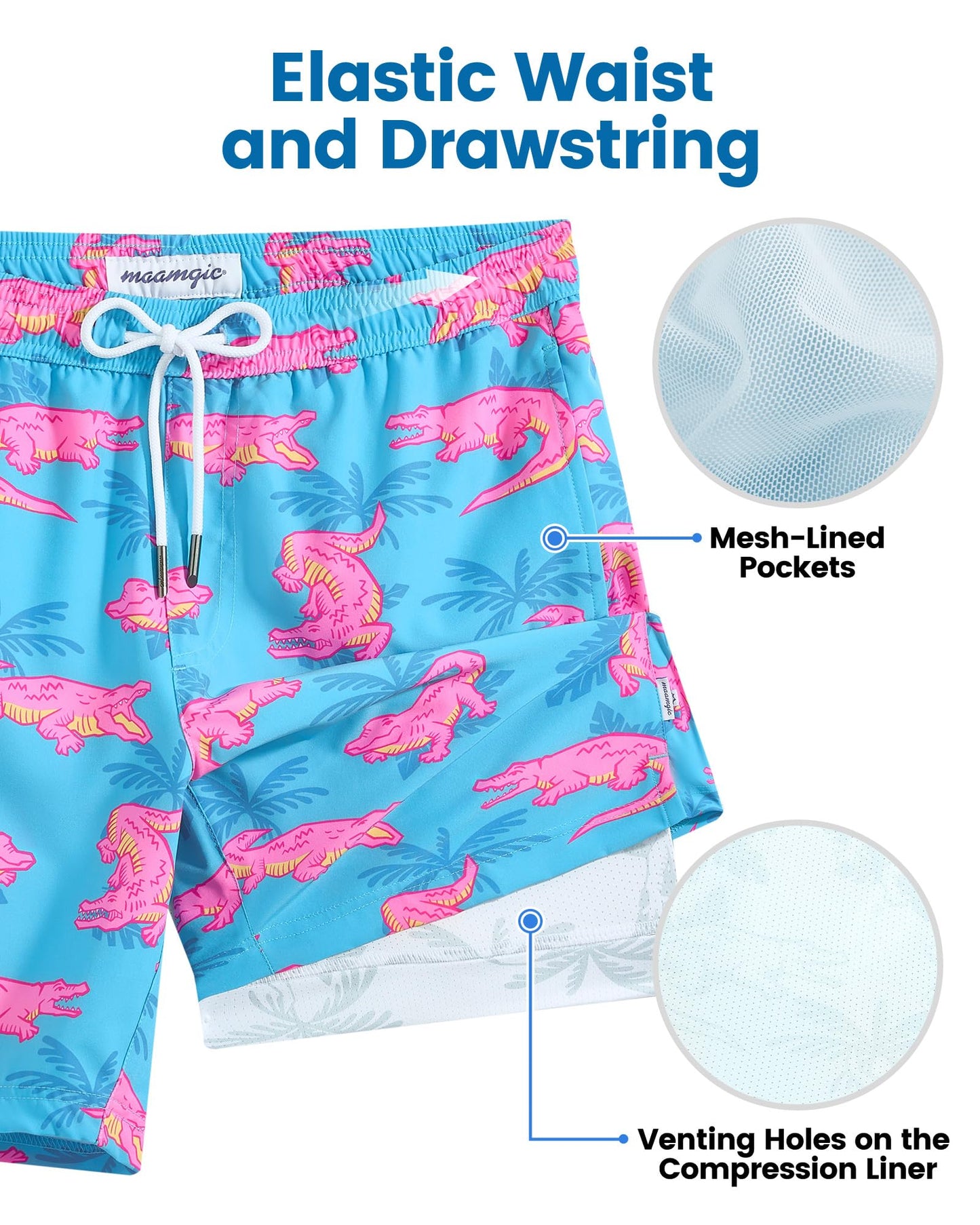 maamgic Mens Swim Trunks with Compression Liner 7 Inch Inseam Mens Bathing Suit Quick Dry Swimming Trunks Swimsuit Blue and Pink Crocodile Large