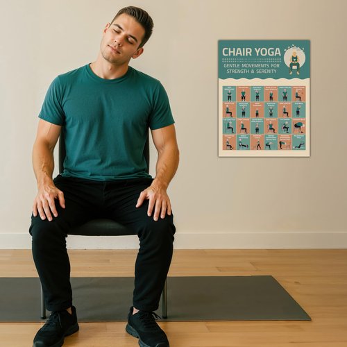 Chair Yoga Exercise Poster - Illustrated Stretching Poses Chart, Workouts, Instructions, Mobility Practice, Inspirational Routine, Wall Art for Seniors, Home Gym Picture, Meditation Decor, Flexibility