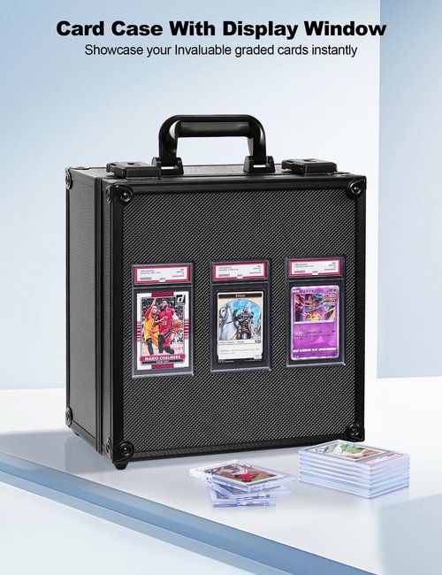 banloga Graded Card Storage Box for PSA with TSA Lock, Aluminum Alloy Trading Card Case with Display Window, Slab Case with 8 Removable Dividers for CGS, BGS, Toploaders and Sports Cards (Black)