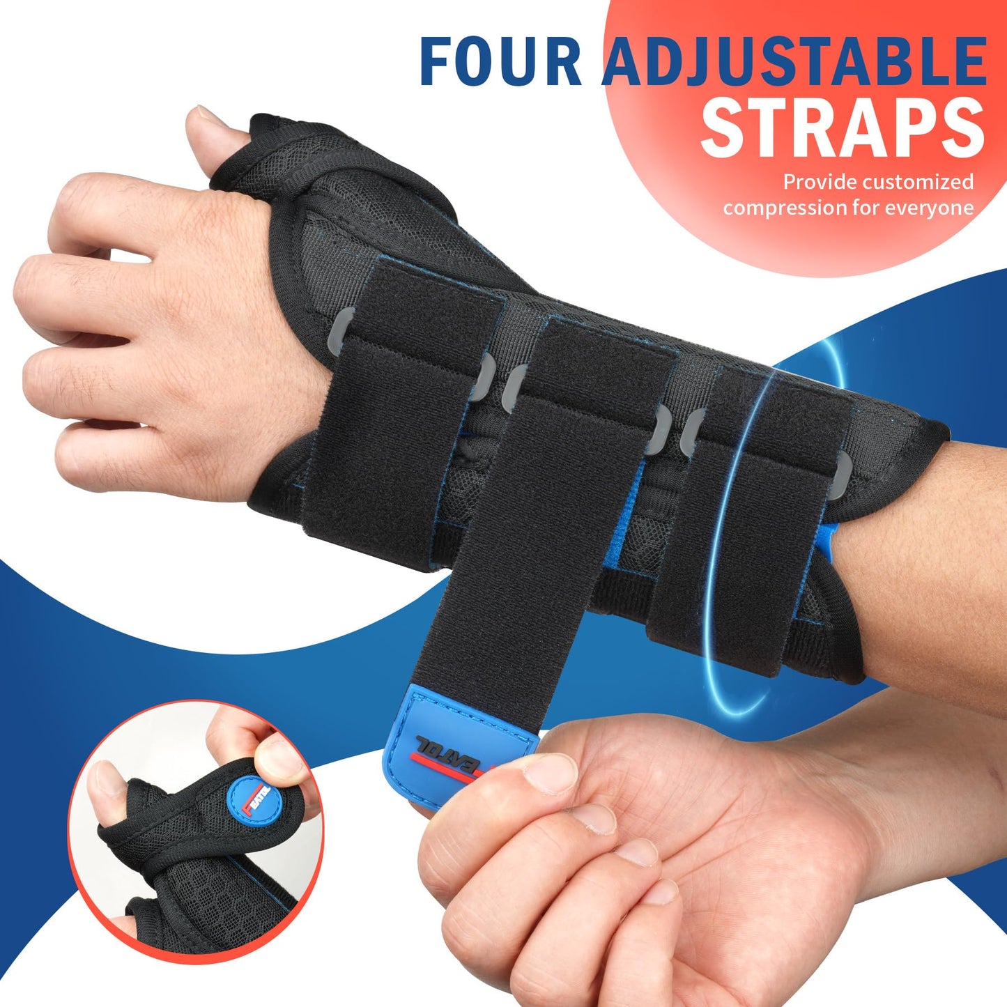 FEATOL Carpal Tunnel Wrist Brace Night Support, Thumb Spica Splint Left Hand for De Quervains Tenosynovitis, Tendonitis, Thumb Brace for Women Men, Black Blue, Medium/Large
