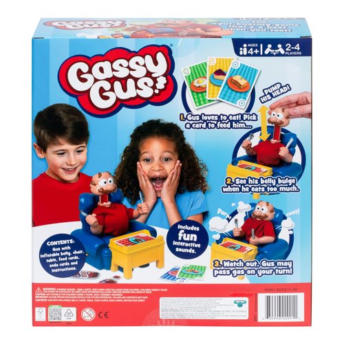 Gassy Gus, The interactive gut-busting game that's a hoot when you toot! Feed Gus gassy foods, but watch out for the big blast of gas! Packed with hilarious sounds, it's Ideal for 2-4 players ages 4+