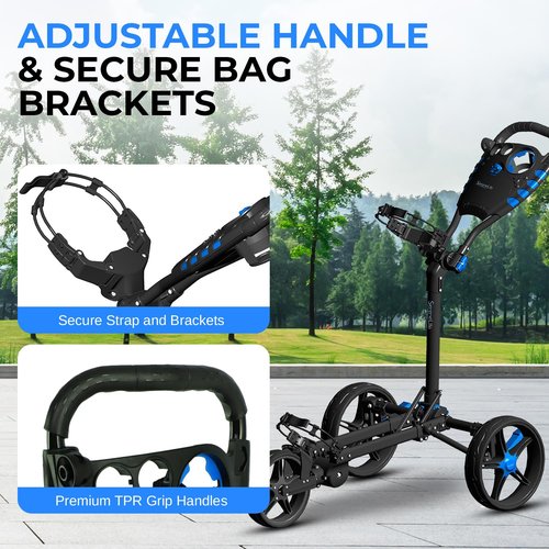 SereneLife 3 Wheel Golf Push Cart ??Lightweight, Foldable, Collapsible, Adjustable Handle, Golf Caddy Accessories, Built-In Cooler Storage/ Scorecard/ Cup Holders, Compact for Travel
