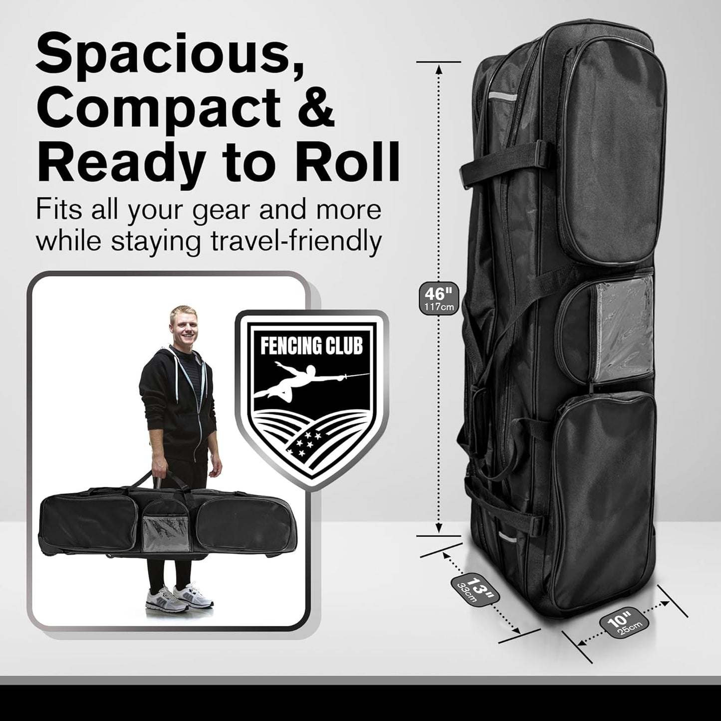 Two Compartment Fencing Bag, Wheeled Sports Equipment Bag for Foil Epee and Saber, Travel Gear, Competition Roll Bag with Straps, Elite Competition Team Bag Adjustable Compartments