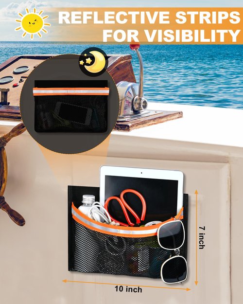 PLOZANO Boat Storage Accessories, Closable PVC Reflective Self-Adhesive Universal Boat Caddy Organizer Mesh Bag for Gloves, Tools, Tackle, Gear(2 Pack, 10"*7")