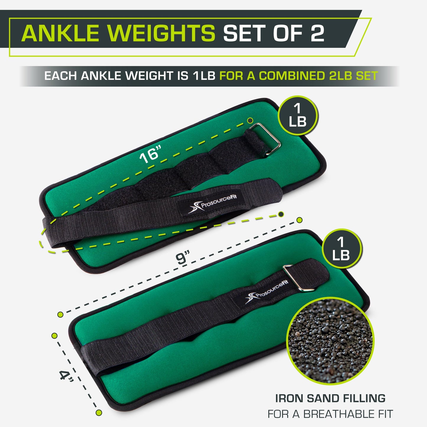 ProsourceFit Ankle, Wrist, Arm, and Leg Weights for Men and Women, Set of 1lb each, Green