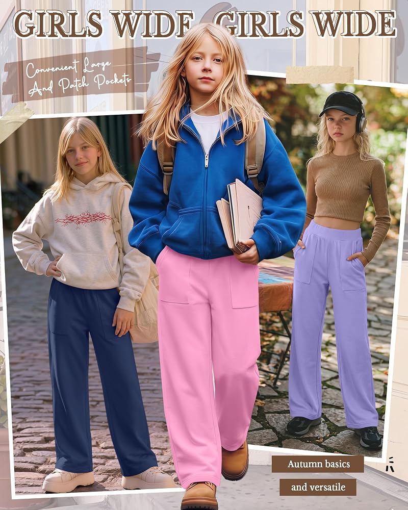 4 Pack Girls Wide Leg Lightweight Pants - Elastic Waist, Pockets, 5-14Y (Light Pink, Purple, Rose Pink, Haze Blue)