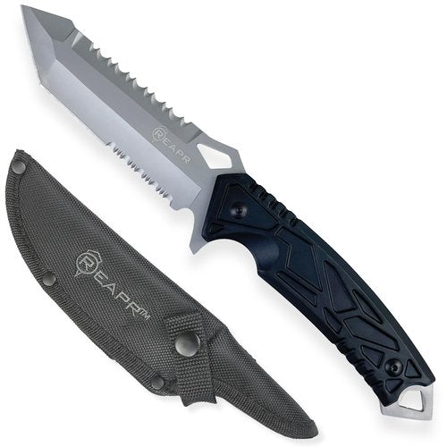 Reapr JAVELIN 5 Inch Fixed Blade Survival Knife with Sheath, Full‑Tang Tactical Tanto‑Style Knife with Dual Serrated Edges, Camping and Hunting Knives, Black