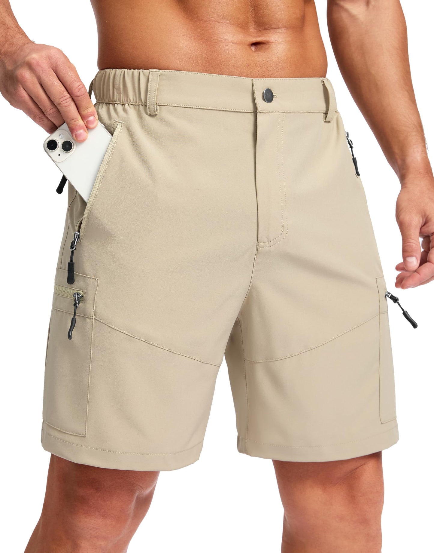 Pudolla Men's Hiking Cargo Shorts Lightweight 7" Travel Casual Shorts for Men Golf Work Outdoor with 5 Zipper Pockets(Khaki Large)