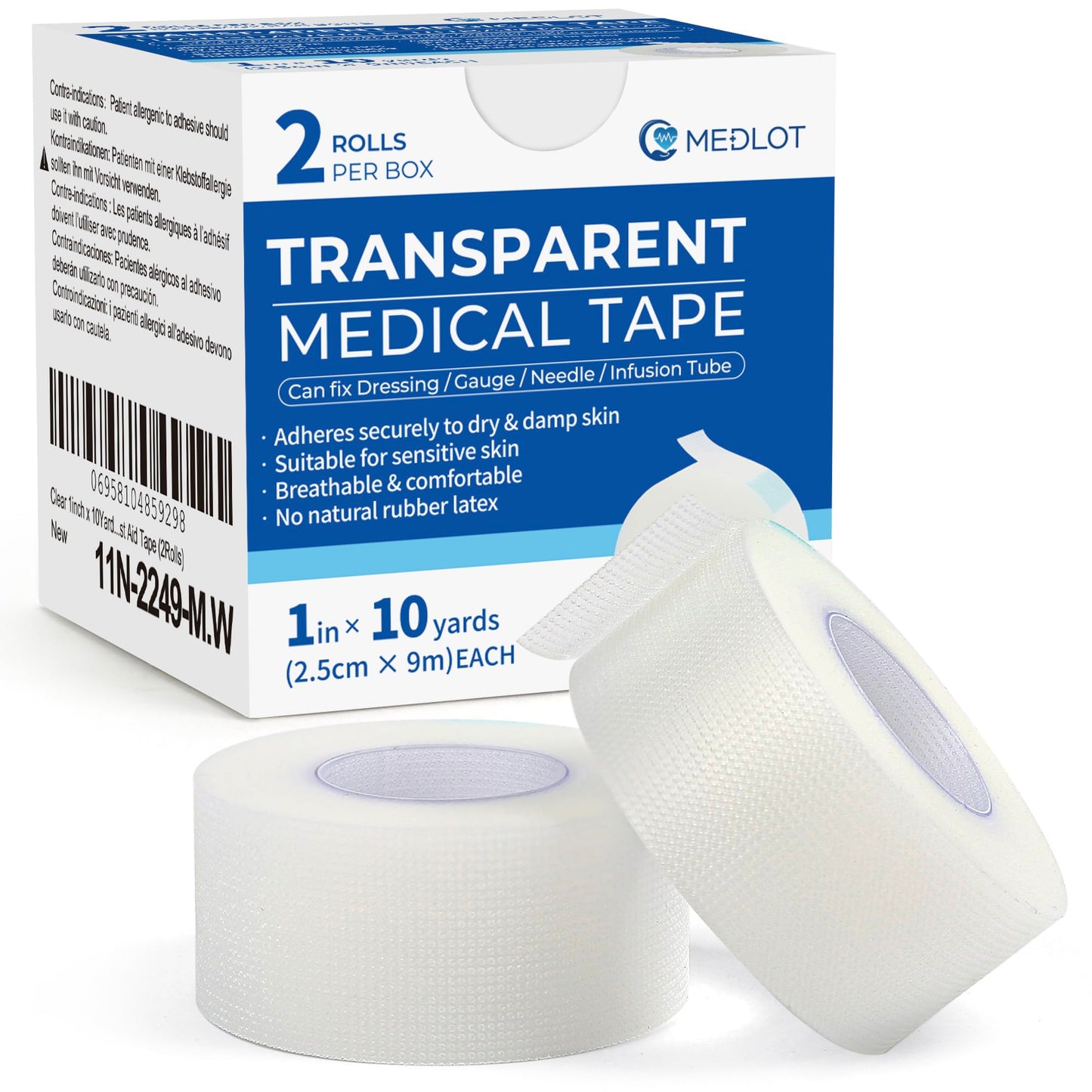 LotFancy Clear Medical Tape 1" x 10 Yd, 2 Rolls Waterproof Surgical Tape for Wound Dressing Care, Hypoallergenic First Aid Tape for Sensitive Skin, Latex Free & Transparent