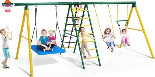 6-in-1 Swing Set for Backyard, Heavy Duty Metal Toddler Outdoor Swing Set Playset, Includes Basketball Hoop, 2 Swings, Trapeze Bar, Climbing Ladder and Nets