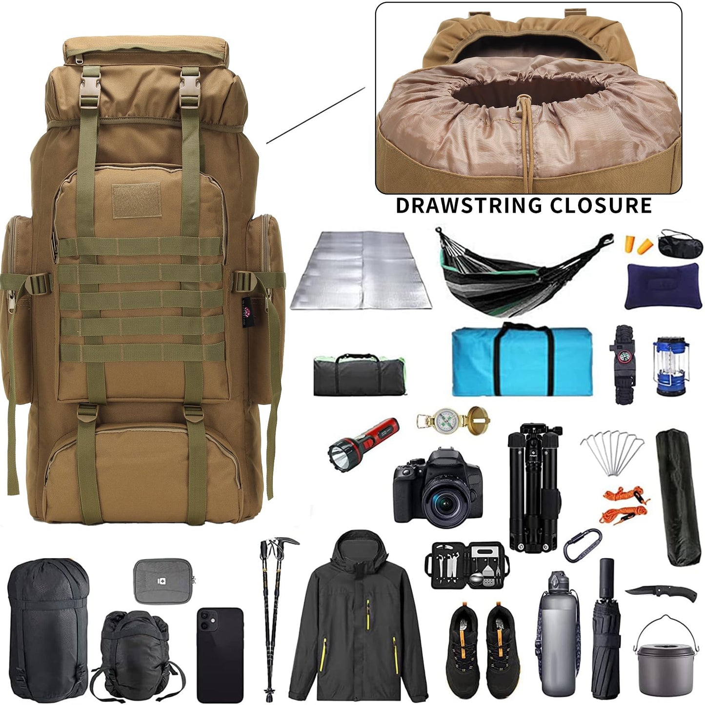 W WINTMING Hiking Backpack for Men 70L/100L Camping Backpack Military Rucksack Molle 3 Days Assault Pack for Climbing