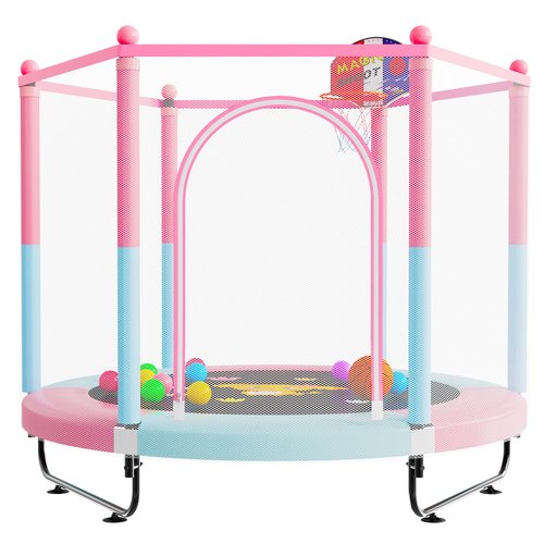 60" Trampoline for Kids, 5 FT Toddler Baby Trampoline with Safety Enclosure Net, Indoor or Outdoor Pink/Blue Small Trampolines with Basketball Hoop, Birthday Gifts for Kids, Gifts for Girl Age 3-8