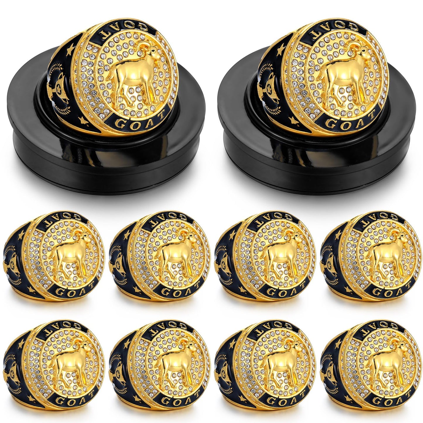 Highergo 10 Pcs Goat Championship Trophy Ring with Display Neck Chain and Stand Goat Medal Award Gift Greatest of All Time for Tournament or League Champion Winner Sports Award (Classic)
