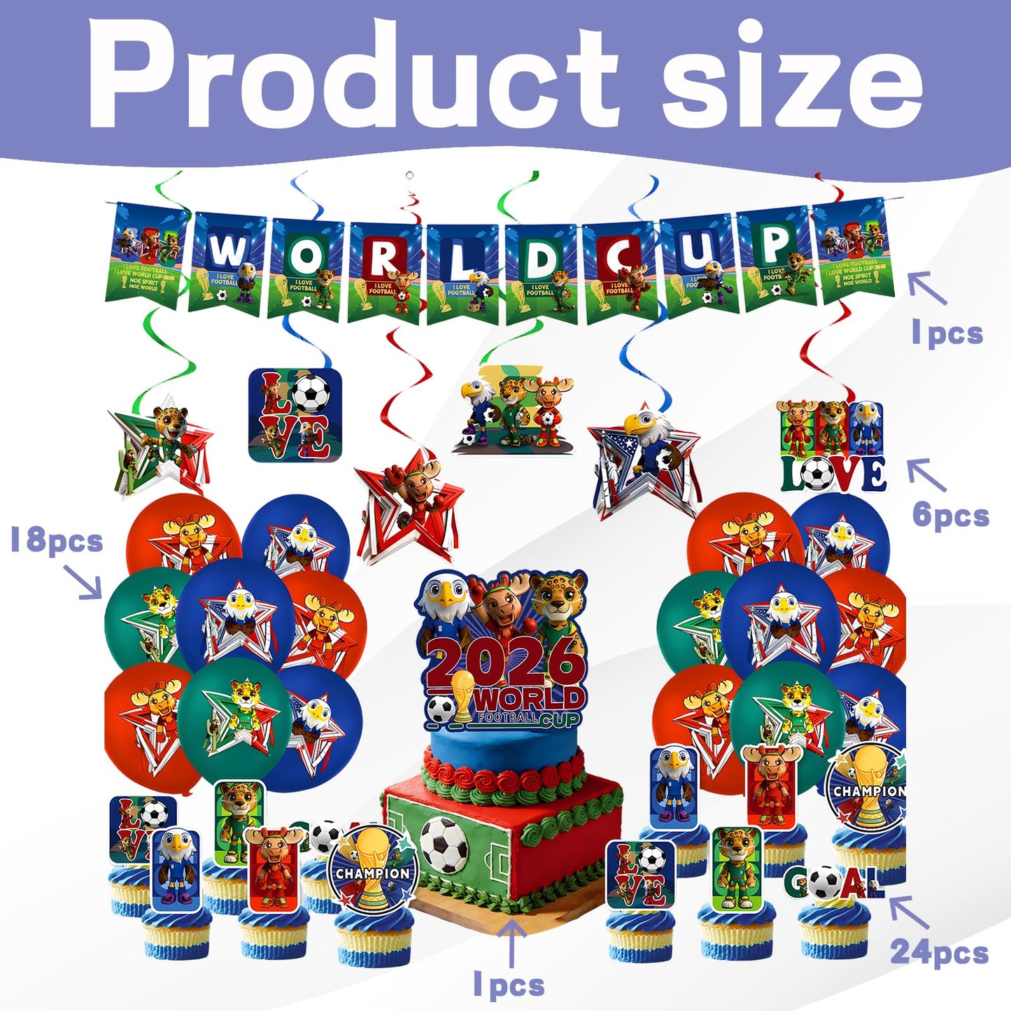 MIRJXB World Cup 2026 Merchandise, Party Supplies Set for World Cup 2026 Celebrations, Includes Banner, Balloons, Cake Toppers, Tableware with Plates, Cups, Napkins and Tablecloth
