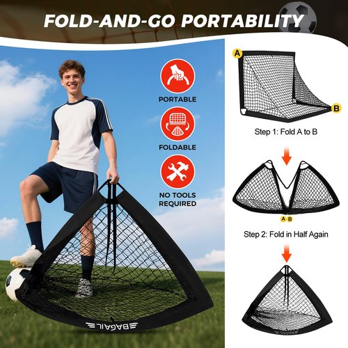 BAGAIL Soccer Goals for Backyard Set, 2 of 6 x 4ft Portable Pop Up Soccer Nets, Foldable Training Equipment with Soccer Ball, Ladder, Cones, Targets for Outdoor Games - Black