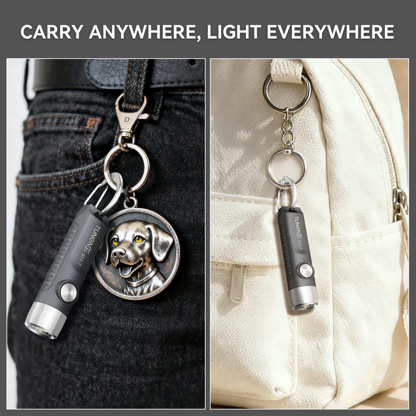 TUNENGE S11-T Rechargeable Keychain Flashlight, 500 High Lumens EDC Mini Flashlight with Magnet, LED Pocket Light Suitable for Outdoor, Camping, Hiking-Grey