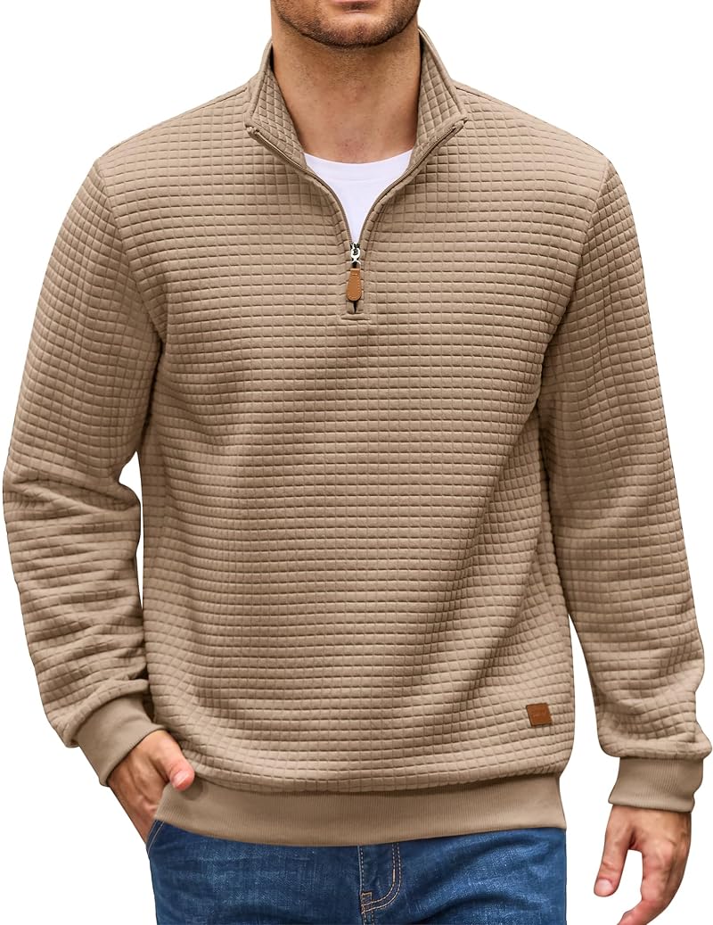 Coofandy Men's Quarter Zip Pullover Sweatshirt - Dark Khaki, Large