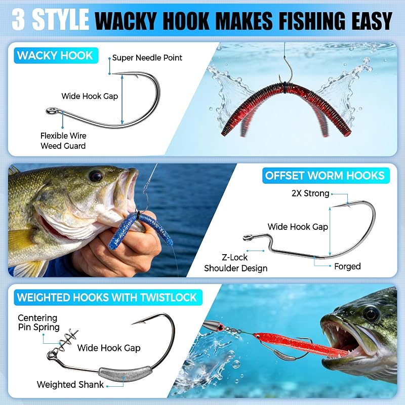 Plusinno 220PCS Wacky Worm Fishing Lure Kit with Tackle Box - Soft Plastic Lures, Hooks & Weights