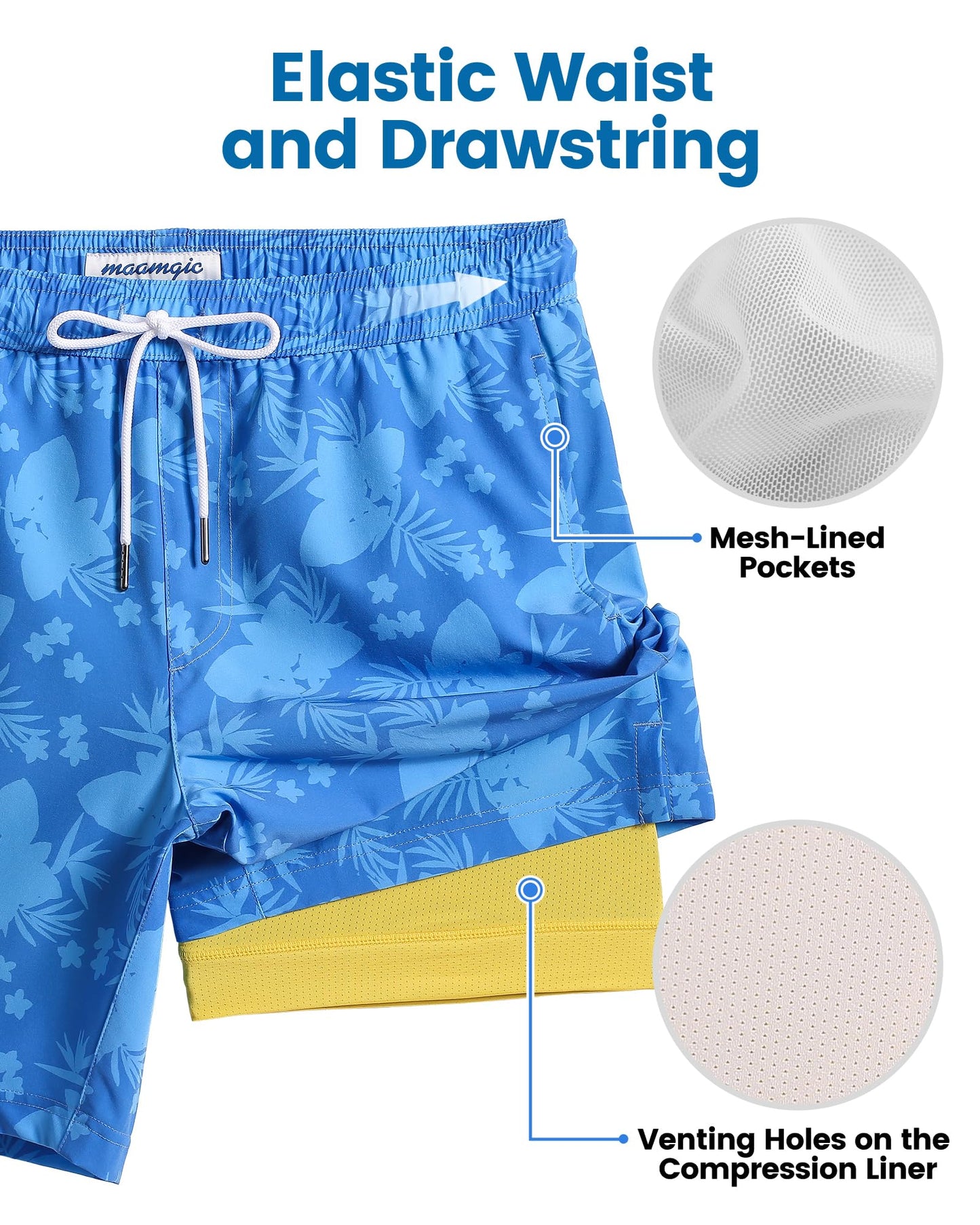 maamgic Mens Swim Trunks with Compression Liner 7 Inch Inseam Mens Bathing Suit Quick Dry Swimming Trunks Swimsuit Flower Blue Yellow X-Large
