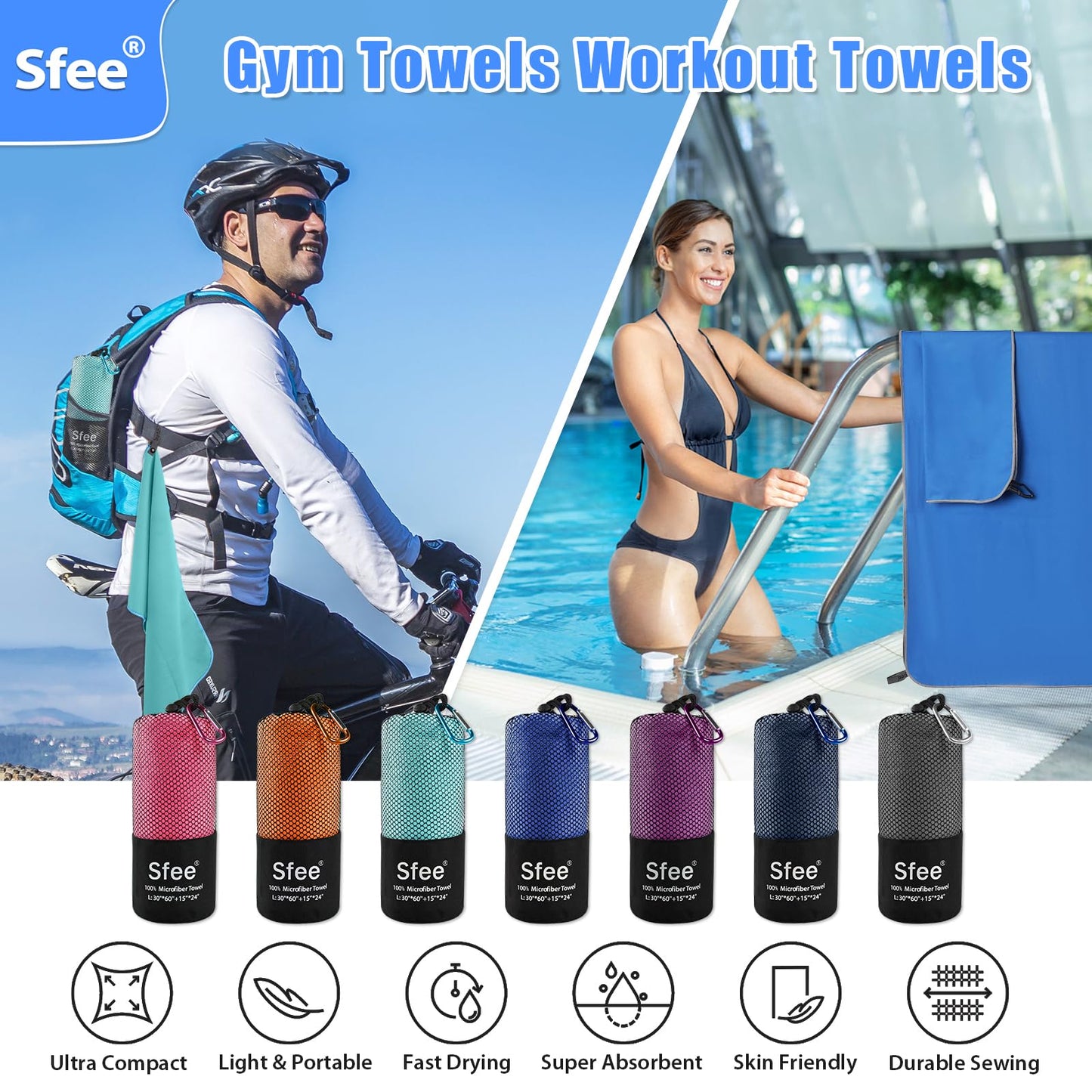 Sfee 2 Pack Microfiber Travel Towel, Quick Dry Camping Towel Large Beach Towel Super Absorbent Compact Lightweight Sports Gym Towels Set for Beach, Gym, Hiking, Pool, Backpacking,Bath,Yoga